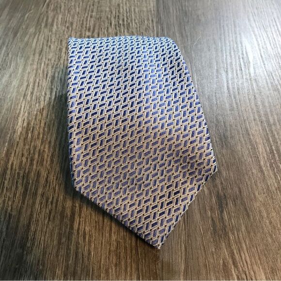 Lands End Mens Silk Tie Blue Geometric - Picture 1 of 8